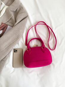 迷你蛇皮壓花貝殼包熱粉色時尚雙把手 - 玫紅色 - 查看 3