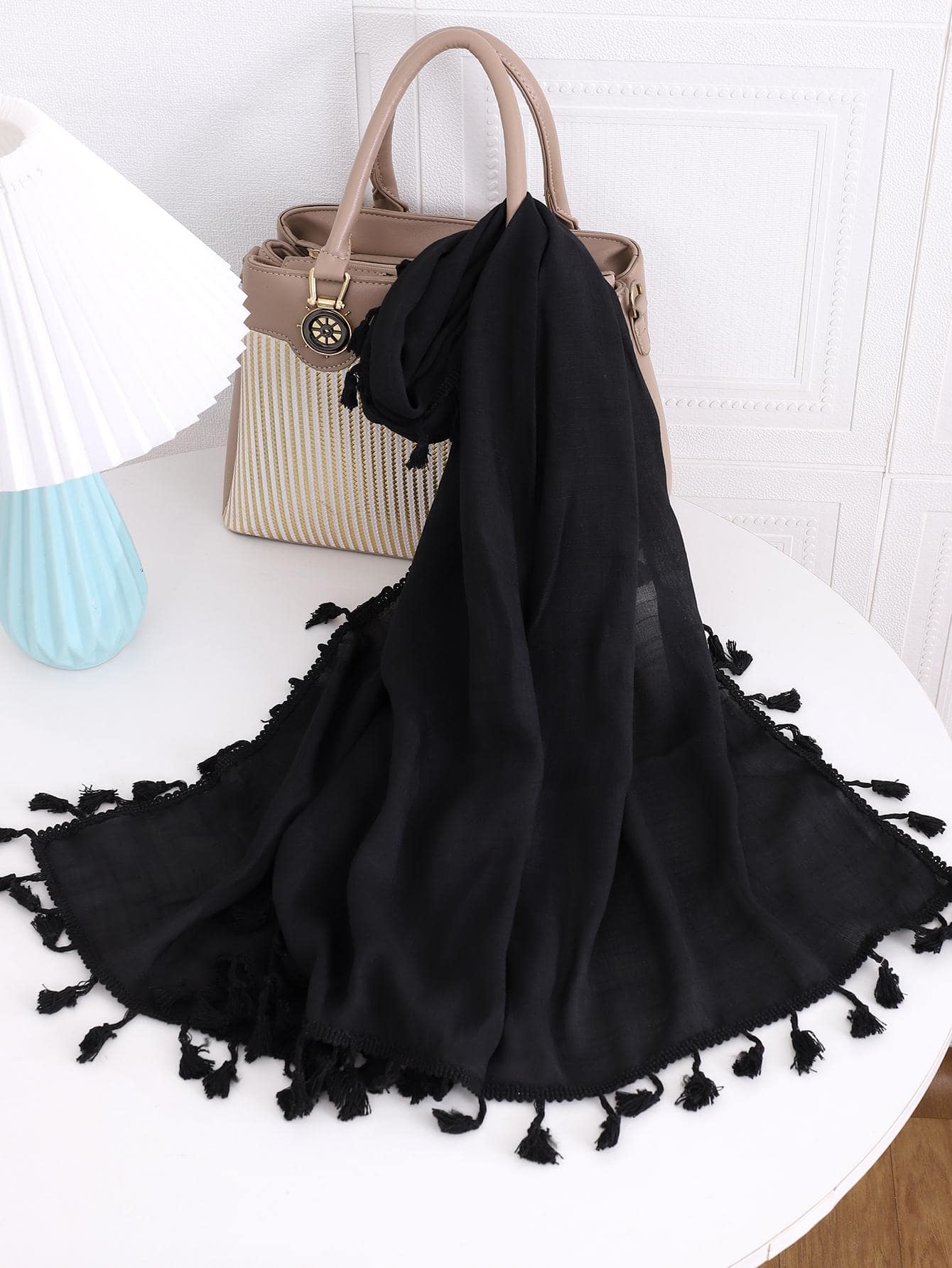 1 件女式黑色復古風格亞麻流蘇圍巾頭帶披肩