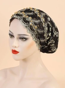 Khăn trùm đầu trang trí sò điệp thêu hoa - màu đen - Xem 1