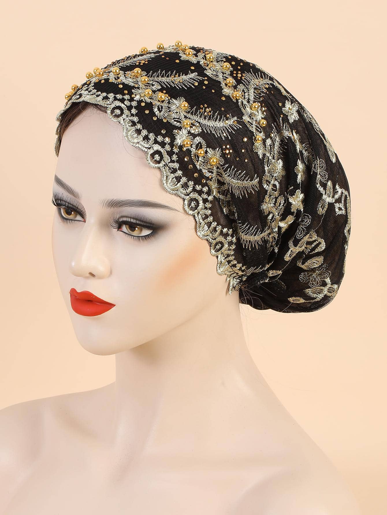 Khăn trùm đầu trang trí sò điệp thêu hoa - màu đen - Xem 1