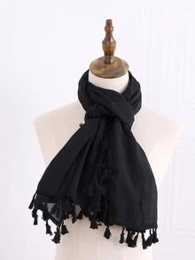 1 件女式黑色復古風格亞麻流蘇圍巾頭帶披肩