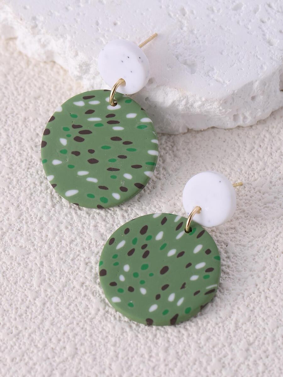 圖案圓形耳墜 - 橄欖綠 - 查看 1