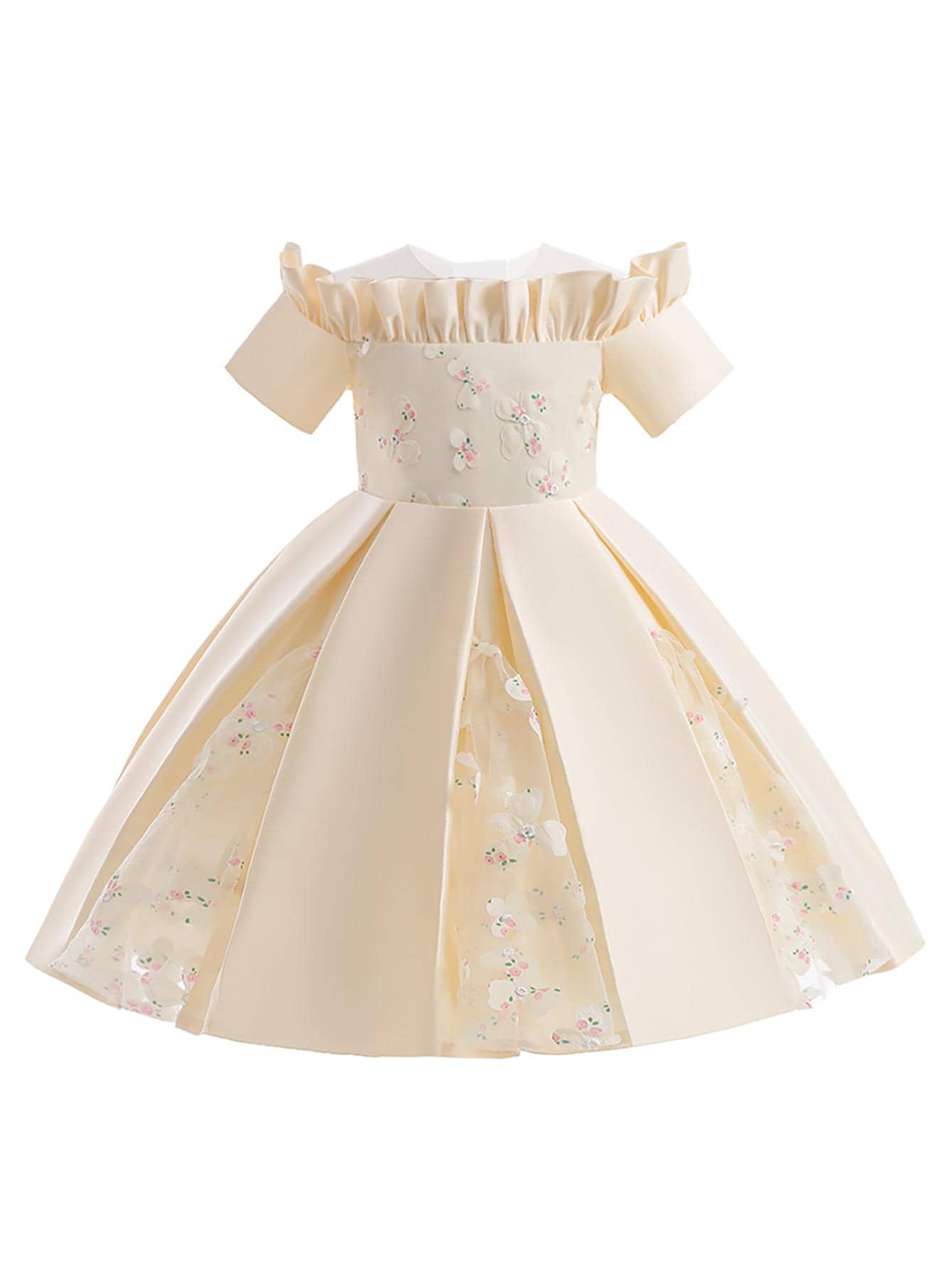 小女童貼花荷葉邊褶皺派對禮服