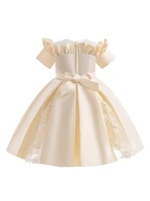 小女童貼花荷葉邊褶皺派對禮服