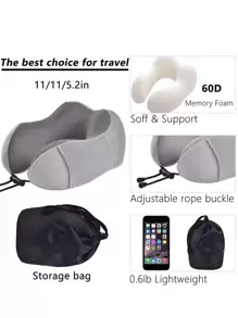 Almohada de viaje con bolsa de almacenamiento, la mejor almohada para el cuello de espuma viscoelástica y reposacabezas, con bolsa de almacenamiento lateral, adecuada para dormir, descansar, aviones, automóviles, familia y artículos de viaje, ayuda para dormir, accesorios de vacaciones, cómodos durmientes para viajes, camping, oficina, accesorios para viajar en avión - Gris Oscuro - Ver 5