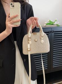 小草編包人造珍珠裝飾貝殼包適用於度假 - 米色 - 查看 1