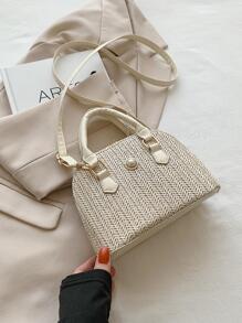 小草編包人造珍珠裝飾貝殼包適用於度假 - 米色 - 查看 6