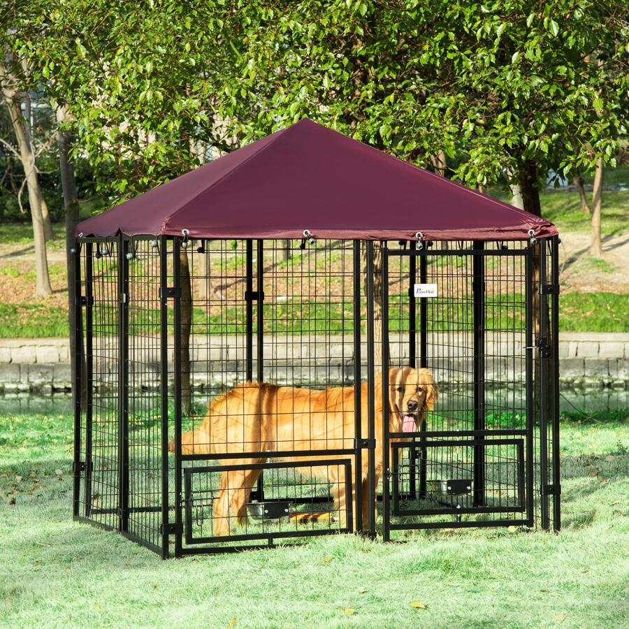 PawHut Indoor/Outdoor Metal Dog Kennel, Dog House with Lock, Weather Resistant Canopy and 2 Bowl Holders and Bowls, 4.6' x 4.6' x 5', Black / Red