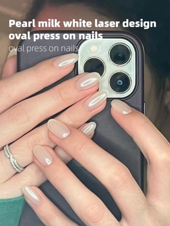 24Pcs Short Oval Shape Elegant Minimalist Electroplated Faux Pearl White Aurora Nail Strips With 1 Nail Buffing Block And 1 Jelly Gel Nail Polish Strip Press On Nails Nail Supplies Nails