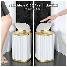 Bathroom Trashs Can - 3.5 Gallon Automatic TrashCan,Waterproof Slim Touchless Bathroom Garbage Can With A Lid(White With Gold Trim) - Vàng - Xem 2