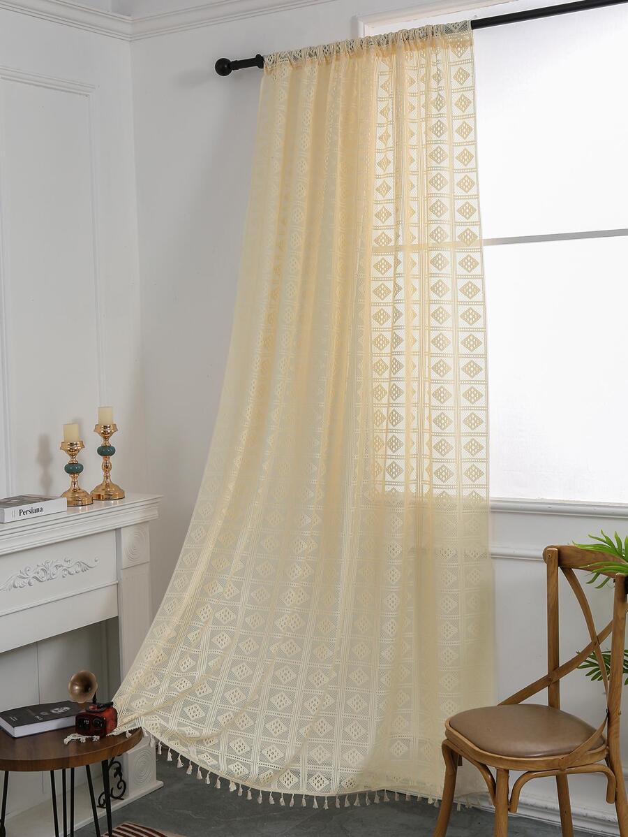 Tassel Decor Single Panel Curtain, Modern Light Filtering Privacy Sheer Curtain For Living Room And Bedroom