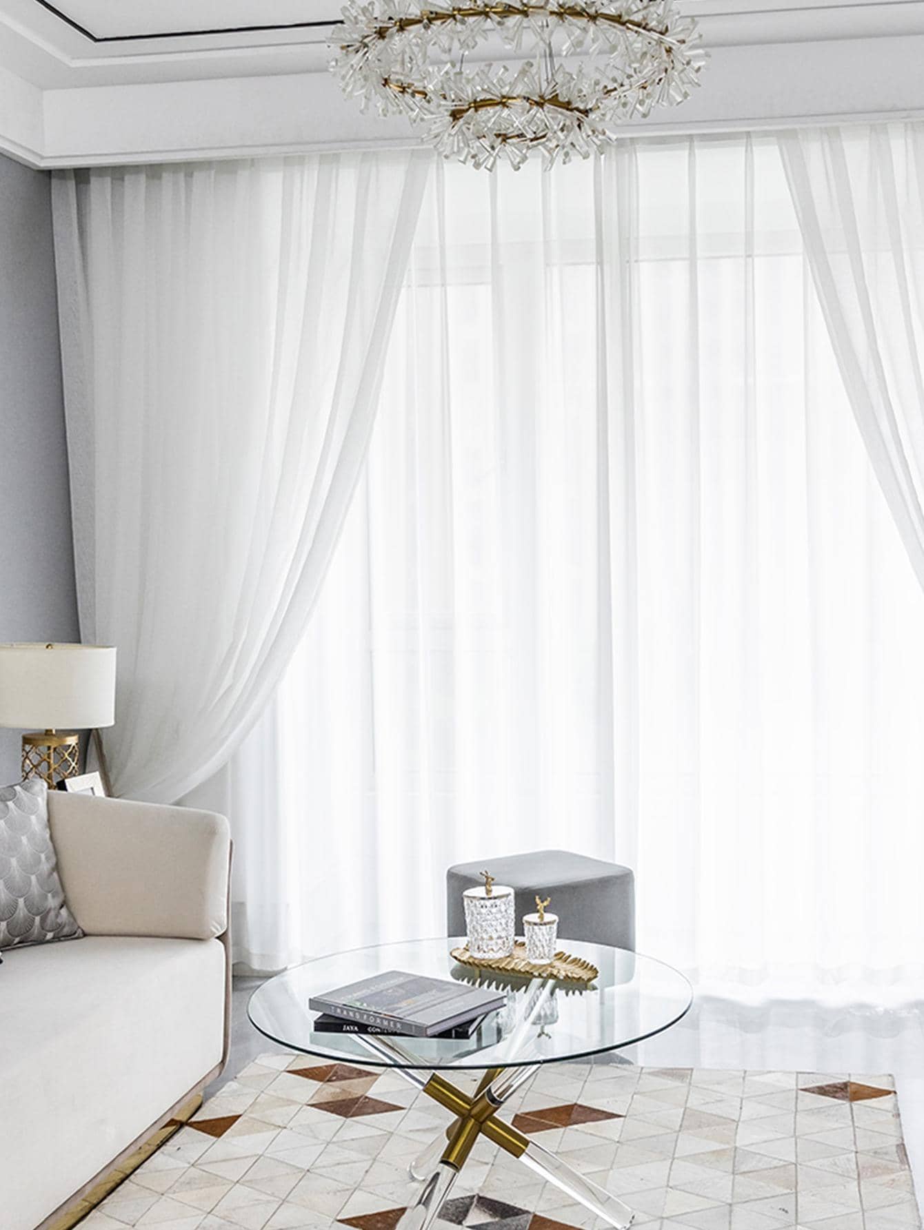 素色1片薄透現代滌綸濾光隱私透明窗簾適用於客廳和臥室 - 白色 - 查看 1