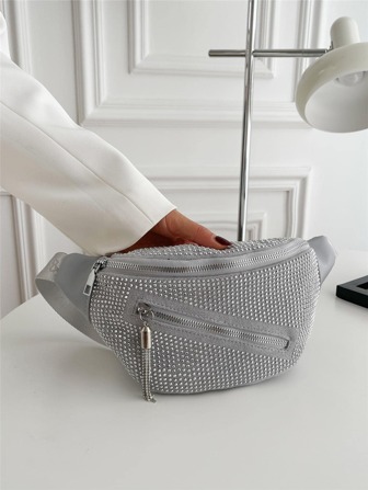 1 件 PU 材料时尚腰包闪光水钻装饰流苏吊坠拉链胸包，休闲斜挎包/单肩包，适合女士日常使用、旅行和度假，手机包配有可调节肩带