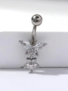 Rhinestone Butterfly Decor Navel Belly Ring Stainless Steel Popular Piercing Body Jewelry Gift For Women & Men - Silver - View 7