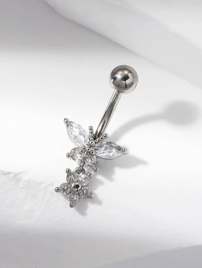 Rhinestone Butterfly Decor Navel Belly Ring Stainless Steel Popular Piercing Body Jewelry Gift For Women & Men