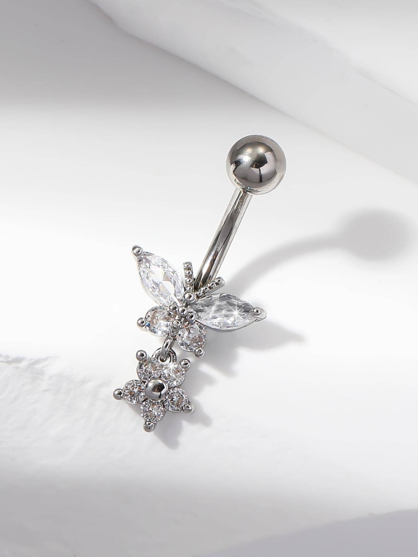 Rhinestone Butterfly Decor Navel Belly Ring Stainless Steel Popular Piercing Body Jewelry Gift For Women & Men - Silver - View 1