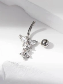 Rhinestone Butterfly Decor Navel Belly Ring Stainless Steel Popular Piercing Body Jewelry Gift For Women & Men - Silver - View 2