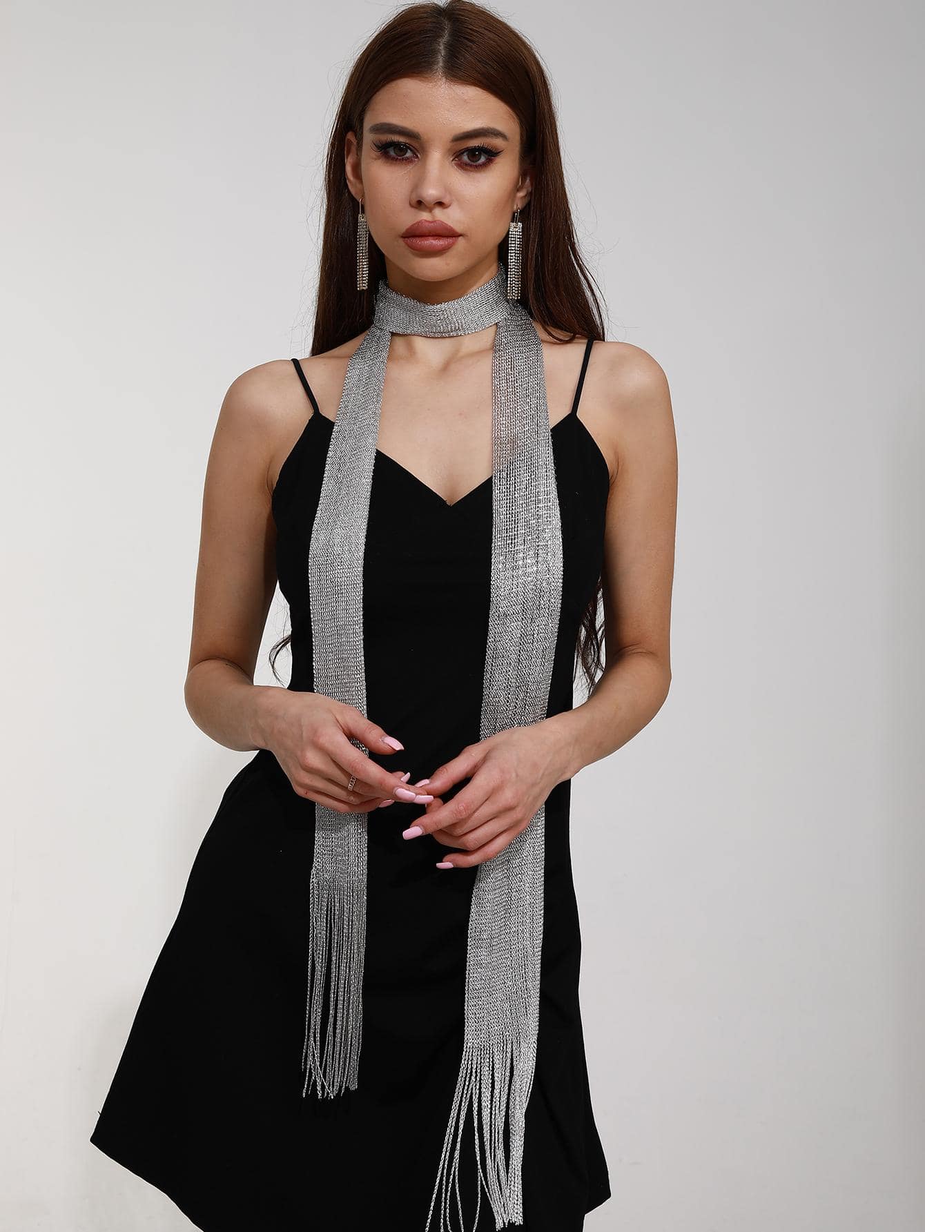 1pc Fringe Hem Skinny Scarf Y2K Fashionable Scarf Ideal For Going Out & Dressing Up Your Look - Silver - View 1