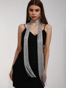 1pc Fringe Hem Skinny Scarf Y2K Fashionable Scarf Ideal For Going Out & Dressing Up Your Look - Silver - View 3