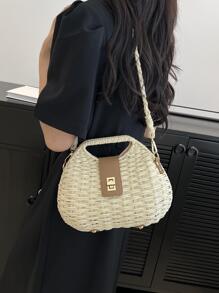 閉合鎖編織草編沙灘包,完美適合夏天海灘旅行度假 - 米色 - 查看 3