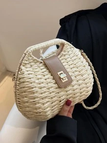 閉合鎖編織草編沙灘包,完美適合夏天海灘旅行度假 - 米色 - 查看 4