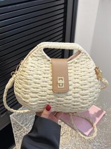 閉合鎖編織草編沙灘包,完美適合夏天海灘旅行度假 - 米色 - 查看 8