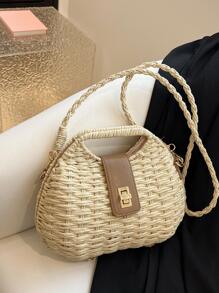 閉合鎖編織草編沙灘包,完美適合夏天海灘旅行度假 - 米色 - 查看 1