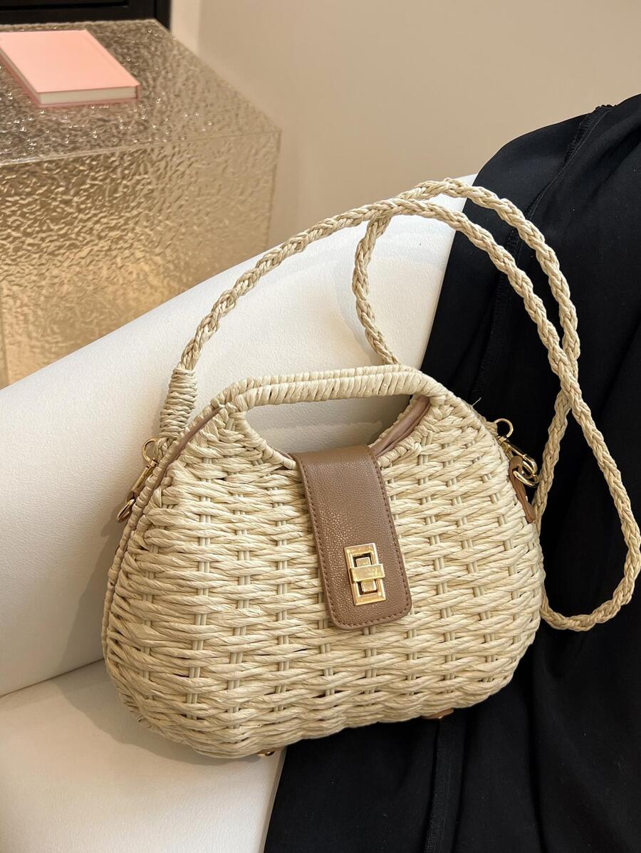 閉合鎖編織草編沙灘包,完美適合夏天海灘旅行度假 - 米色 - 查看 1