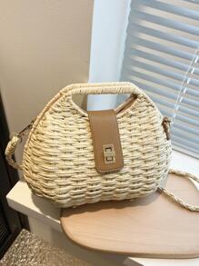 閉合鎖編織草編沙灘包,完美適合夏天海灘旅行度假 - 米色 - 查看 5