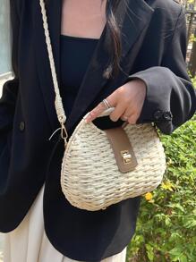 閉合鎖編織草編沙灘包,完美適合夏天海灘旅行度假 - 米色 - 查看 2