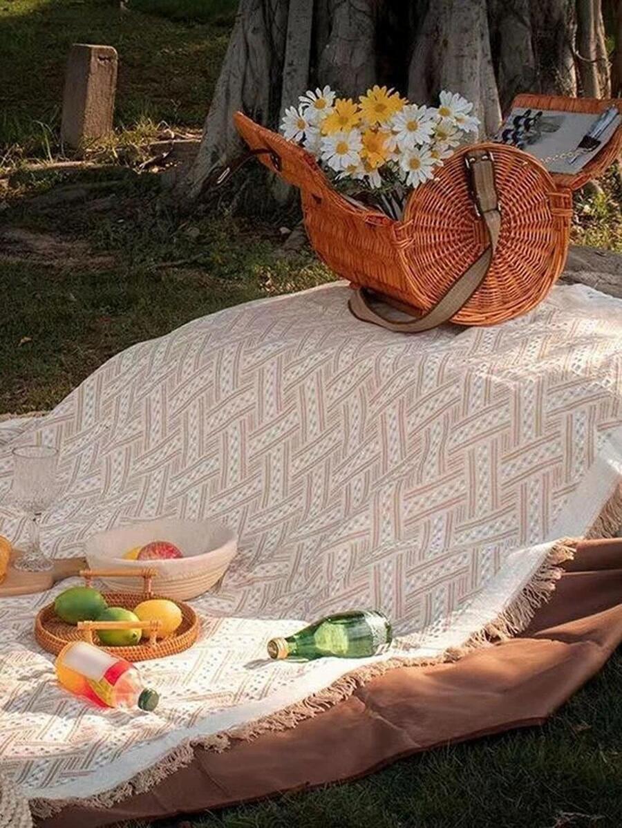 1入組滌綸野餐波西米亞幾何樣式毛邊緣野餐毯適用於戶外 - 咖啡棕 - 查看 1