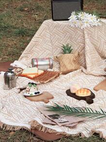 1入組滌綸野餐波西米亞幾何樣式毛邊緣野餐毯適用於戶外 - 咖啡棕 - 查看 2