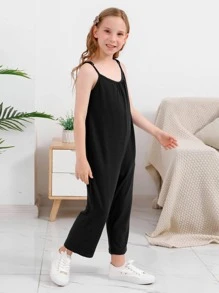 Tween Girl Casual Sports Sleeveless Jumpsuit With Wide Legs, Suitable For Spring, Summer Outdoor Activities, Shopping, Walking, Parties And Back To School - Black - View 3