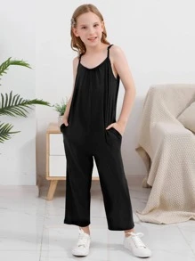 Tween Girl Casual Sports Sleeveless Jumpsuit With Wide Legs, Suitable For Spring, Summer Outdoor Activities, Shopping, Walking, Parties And Back To School - Black - View 1