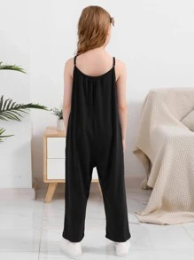 Tween Girl Casual Sports Sleeveless Jumpsuit With Wide Legs, Suitable For Spring, Summer Outdoor Activities, Shopping, Walking, Parties And Back To School - Black - View 2