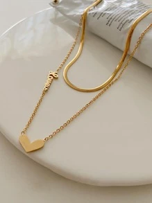 Heart Charm Layered Necklace - Gold - View 3