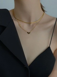 Heart Charm Layered Necklace - Gold - View 9