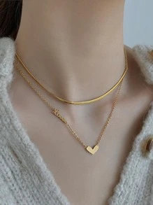 Heart Charm Layered Necklace - Gold - View 5