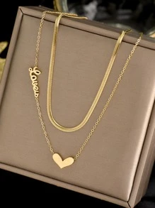 Heart Charm Layered Necklace - Gold - View 2