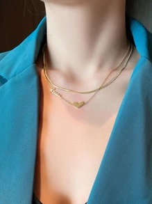 Heart Charm Layered Necklace - Gold - View 8