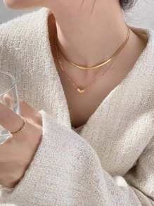 Heart Charm Layered Necklace - Gold - View 4