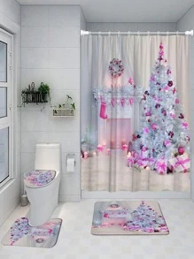 3pcs Tree Print Bath Rug Or 1pc Shower Curtain Home Bathroom Decor Floor Carpet Outdoor Rug Door Mat Summer - Pink - View 1