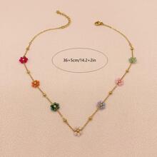 1pc Summer Fashionable And Lovely Girls' New Style Small Flower Necklace, Stainless Steel Collarbone Chain, Colorful Beads, Dating & Romantic Gift, Perfect For Back To School, Wedding Season And Bohemian Style Vacation Valentines,Mom,Mother,Mother's Day,Gift - Multicolor - View 5