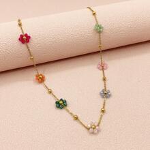 1pc Summer Fashionable And Lovely Girls' New Style Small Flower Necklace, Stainless Steel Collarbone Chain, Colorful Beads, Dating & Romantic Gift, Perfect For Back To School, Wedding Season And Bohemian Style Vacation Valentines,Mom,Mother,Mother's Day,Gift - Multicolor - View 2