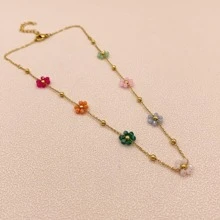 1pc Summer Fashionable And Lovely Girls' New Style Small Flower Necklace, Stainless Steel Collarbone Chain, Colorful Beads, Dating & Romantic Gift, Perfect For Back To School, Wedding Season And Bohemian Style Vacation Valentines,Mom,Mother,Mother's Day,Gift - Multicolor - View 4