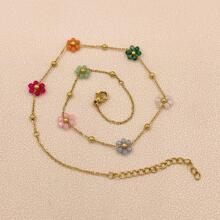 1pc Summer Fashionable And Lovely Girls' New Style Small Flower Necklace, Stainless Steel Collarbone Chain, Colorful Beads, Dating & Romantic Gift, Perfect For Back To School, Wedding Season And Bohemian Style Vacation Valentines,Mom,Mother,Mother's Day,Gift - Multicolor - View 3