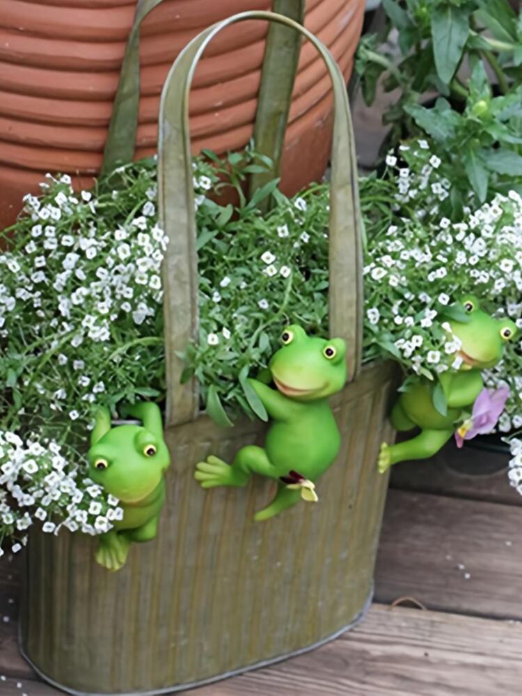 3pcs/set Polyresin Garden Ornament, Cute Frog Design Garden Statue For Home - Green - View 4