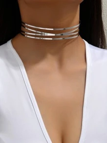 多層設計開口頸鏈 - 銀色 - 查看 2