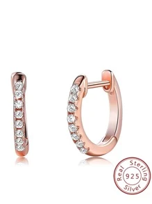 FOREVER QUEEN 925 Sterling Silver huggie Hoop Earrings With Cubic Zirconia Silvery/Yellow Golden/Rose Golden for Women Men - Rose Gold - View 2
