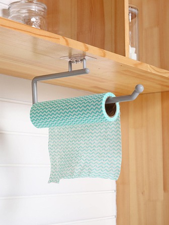 1入灰色pp紙巾收納架,無孔緊貼膠帶收納架,適用於廚房和浴室小工具